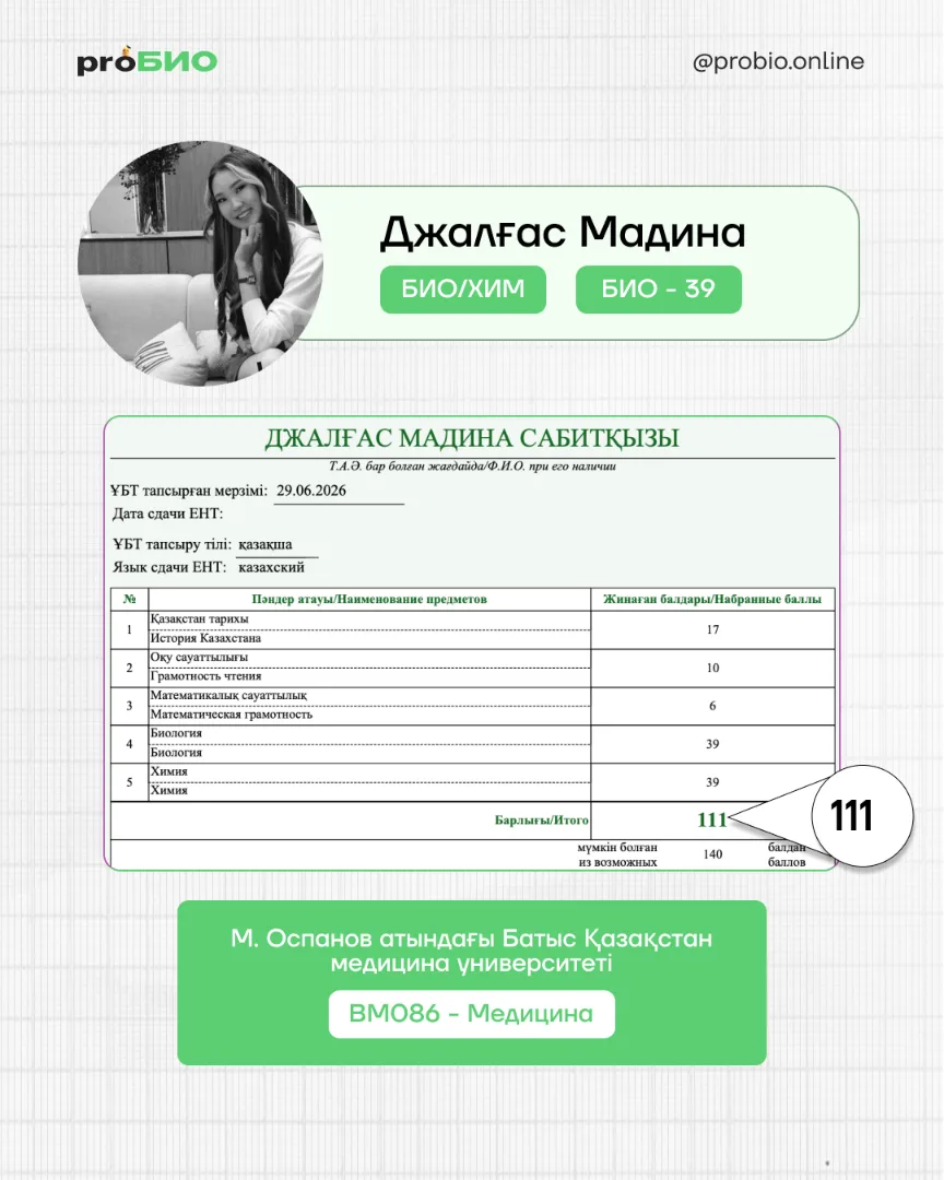Джалғас Мадинаның ҰБТ нәтижесі және М. Оспанов атындағы Батыс Қазақстан медицина университеті