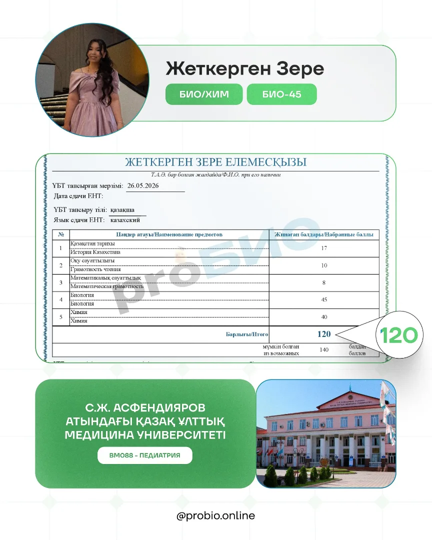 Жеткерген Зере — түпнұсқа ҰБТ нәтижесі және университеті