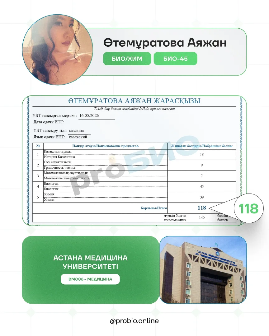 Өтемұратова Аяжан — түпнұсқа ҰБТ нәтижесі және университеті