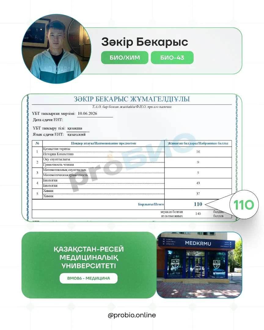 Зәкір Бекарыс — түпнұсқа ҰБТ нәтижесі және университеті