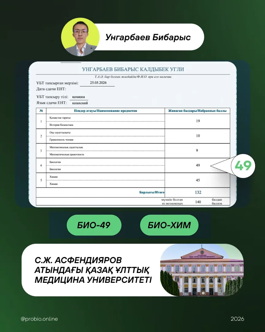 Ұңғарбаев Бибарыс — түпнұсқа ҰБТ нәтижесі және университеті
