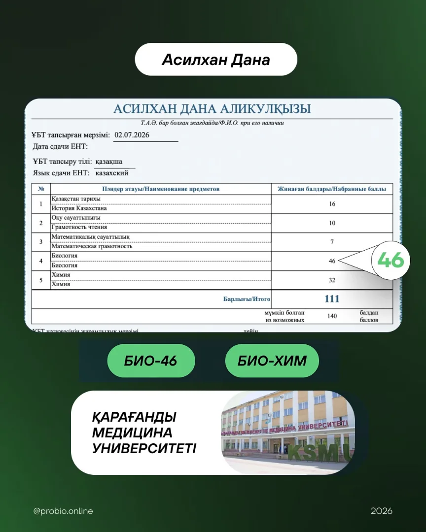 Асилхан Дана — түпнұсқа ҰБТ нәтижесі және университеті