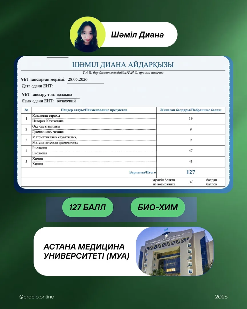 Шәміл Диана — түпнұсқа ҰБТ нәтижесі және университеті